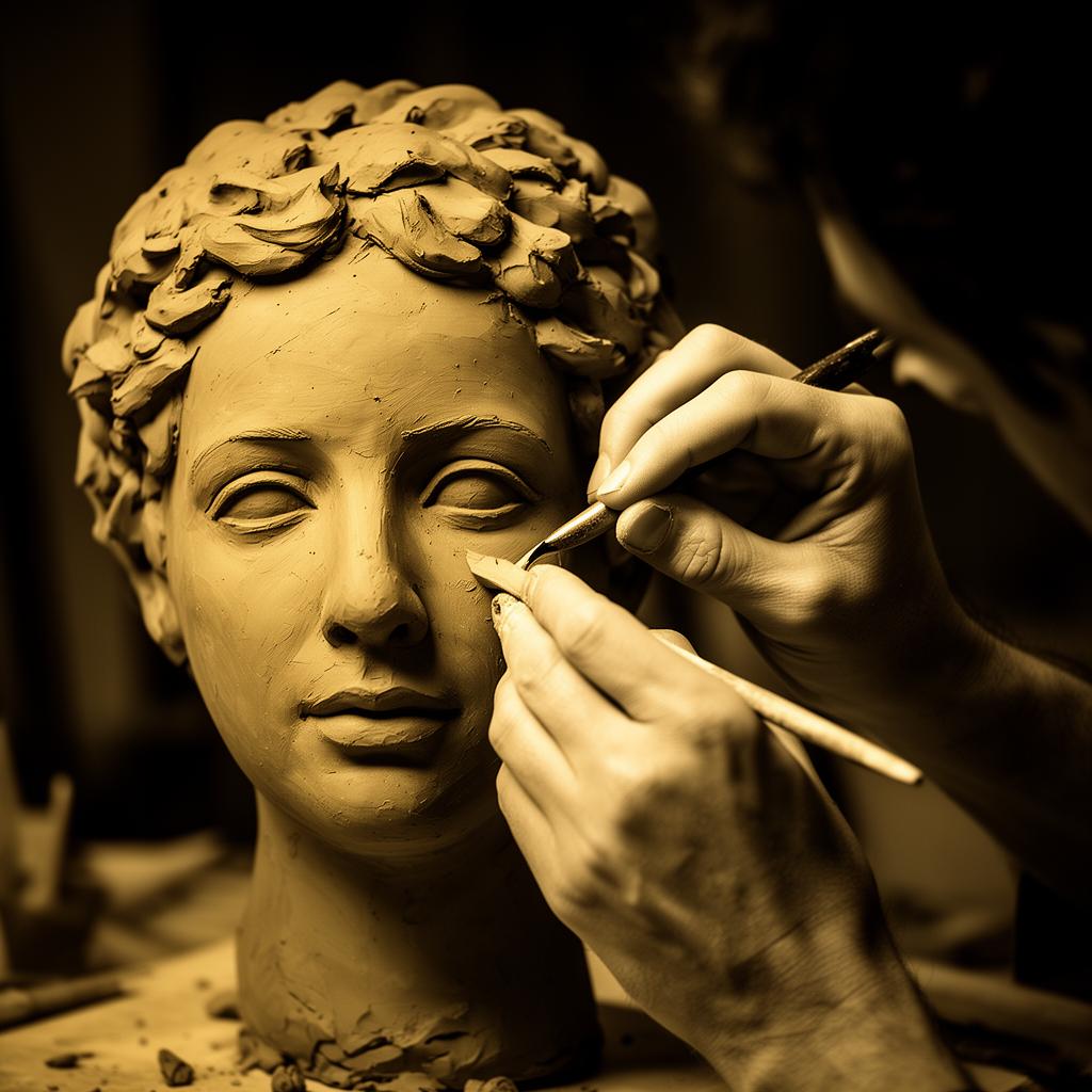 Hands sculpting clay portrait